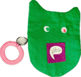 green cat wallet with green and pink eyes and pink elastic keychain band