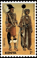 a stamp with a drawing of a kikuyu couple in traditional 