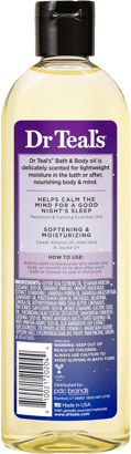 Dr Teal's Sleep Blend bath oil back label with ingredients, usage instructions, and cautions