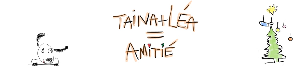 Dessin : chien souriant, titre de la pièce Taïna + Léa = Amitié, un sapin