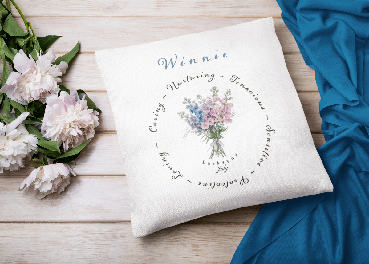 July birth fower cushion with flower design and cirlcle with personality traits for those born in July