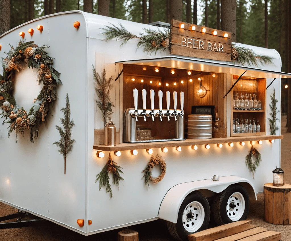 a beer trailer with a beer and christmas lights