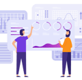 An illustration of 2 people examining a website's analytics.
