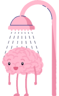 A cartoon brain standing under a shower