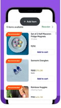 Mobile app screenshot showcasing Gleeinglue’s bestselling polymer clay products on Swiggy Minis