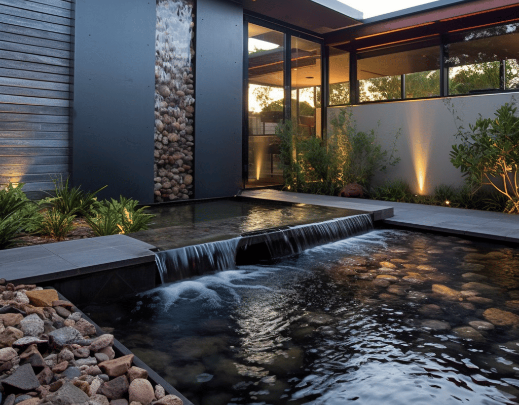 Decorative water feature with river rock entry, wet wall, negative edge and bio filtration — Carmel, CA