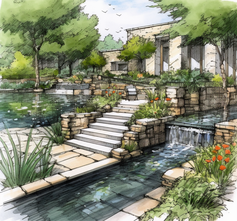 Natural pool and lake design rendering with stream, waterfall and integrated plant and UV filtration
