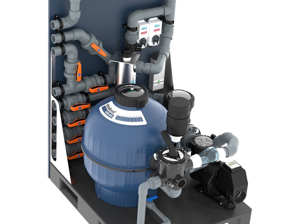 AquaForte plug-and-play filtration kit for natural pools with BioBead filter and UV sterilizer