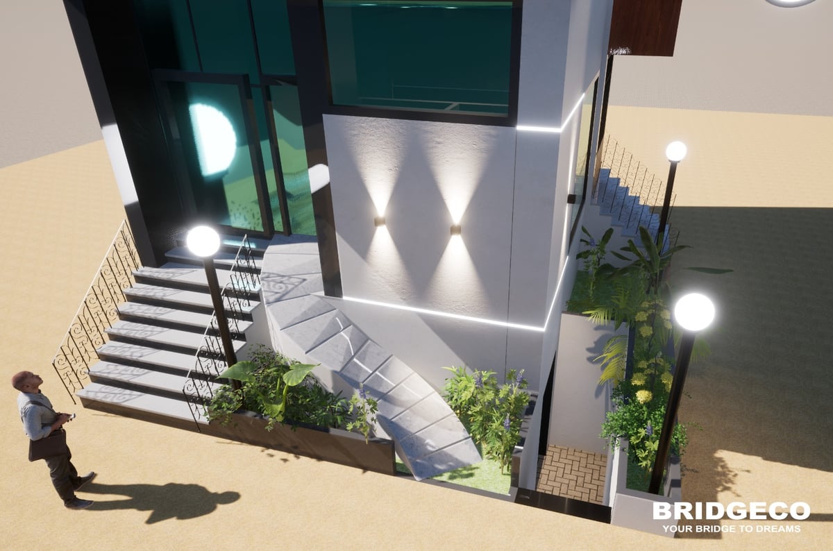 A Bridgeco residential project, a modern villa entrance with stairs, lighting and landscaping