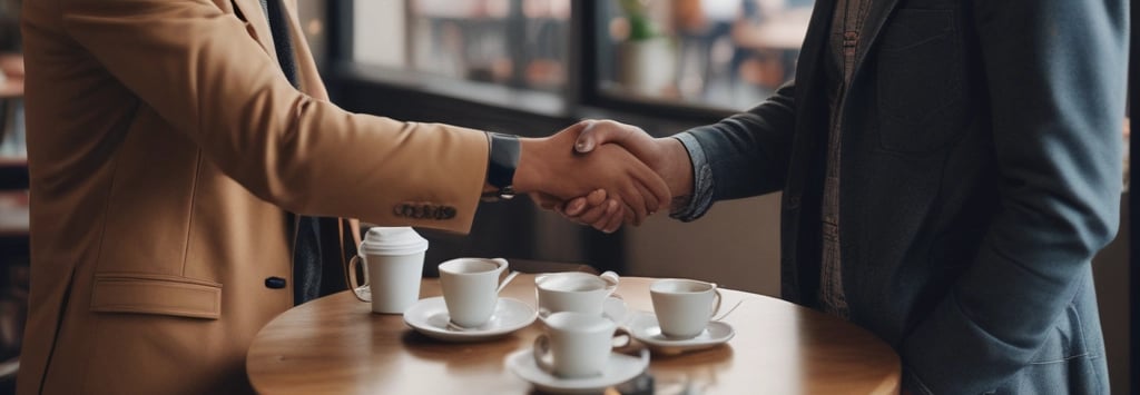 two men shaking hands in a cafe