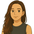 A cartoon representation of a woman {me} with long brown hair and a black top