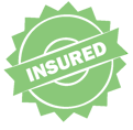 A green and white logo displays fully insured
