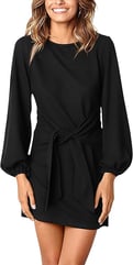 PRETTYGARDEN Women's Elegant Long Lantern Sleeve Short Dress Crewneck Tie Waist Knit Cocktail Dress