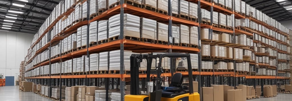 A warehouse aisle lined with tall metal shelves stacked with packaged goods. The shelves have labels and signs indicating different sections and product codes. The floor guides with blue lines direct the traffic flow within the facility.