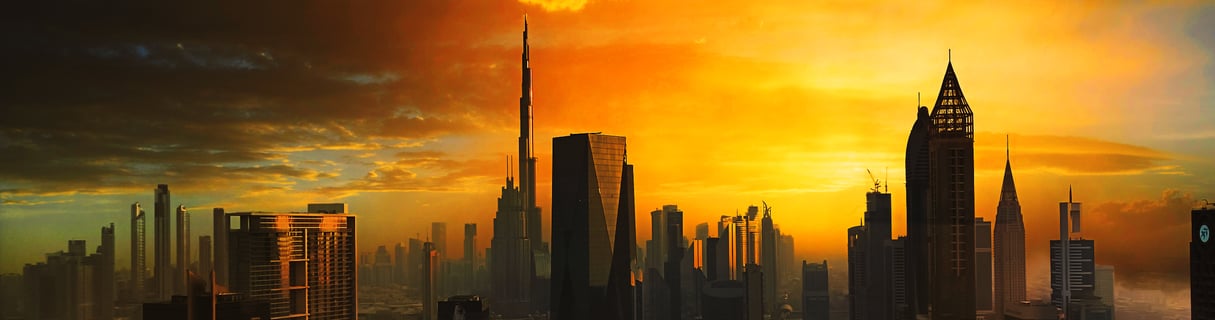 Dubai skyscraper, United Arab Emirates. Skyscraper is a tall, multistoried building. It is located in Dubai, United Arab Emir