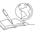 A line drawing showing an open book with a pen resting across its pages, accompanied by a globe