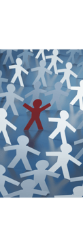 Paper cutout stick people with one red and rest white.