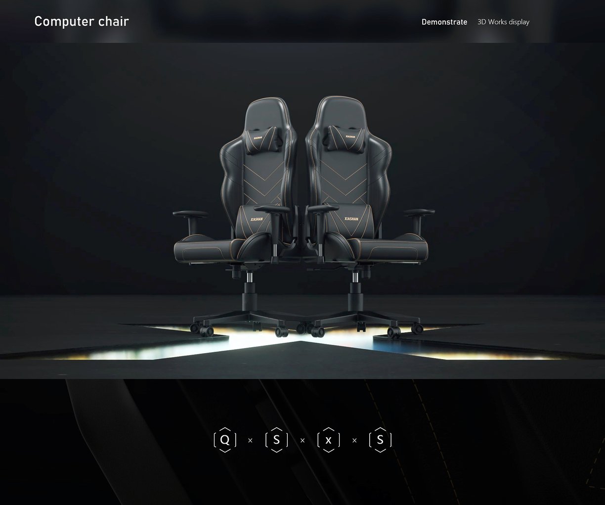 3D marketing design of a computer gaming chair with detailed textures and showcasing expertise.