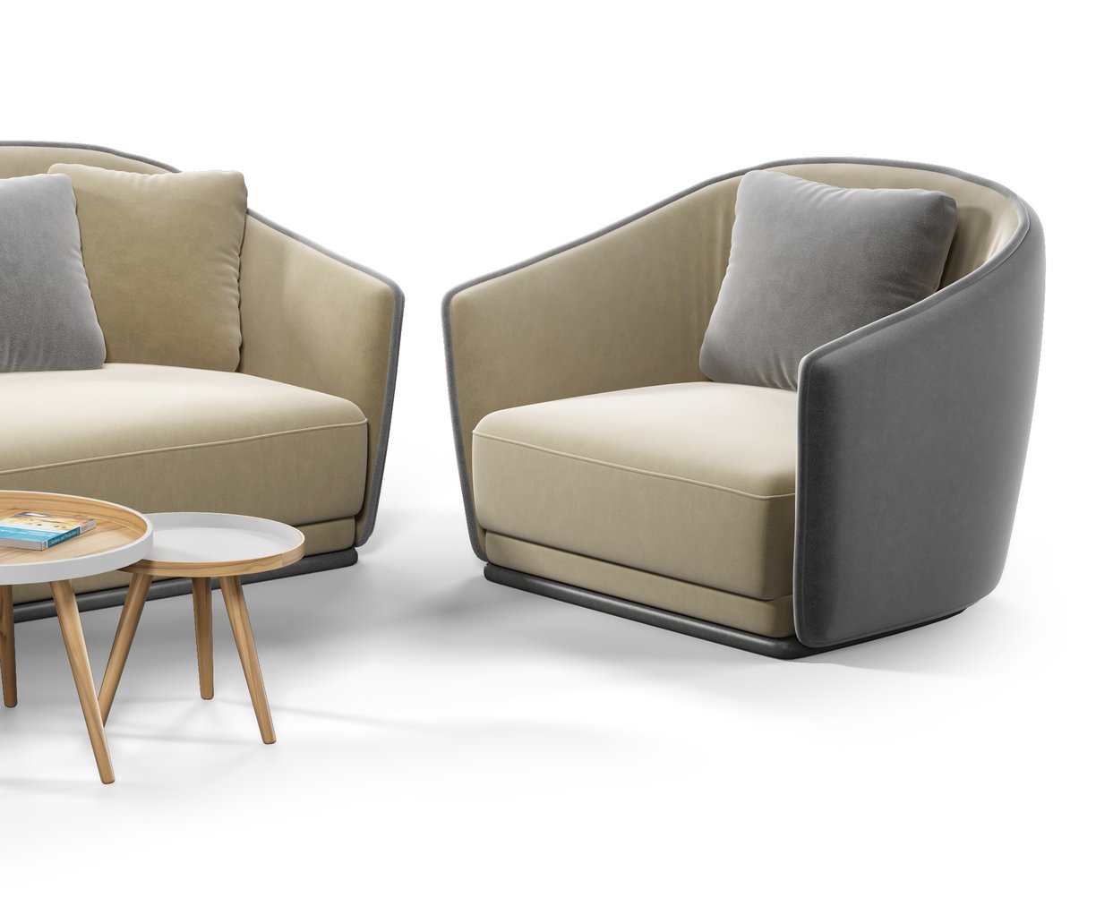 3D visualization of modern contemporary sofa styles, featuring fabric materials, detailed rendering.