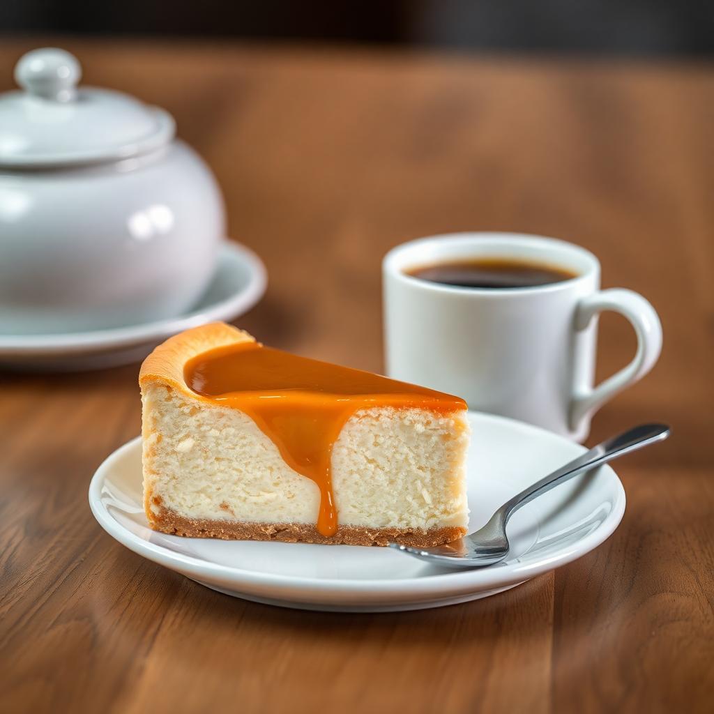 Salted caramel cheesecake with a cup of coffee