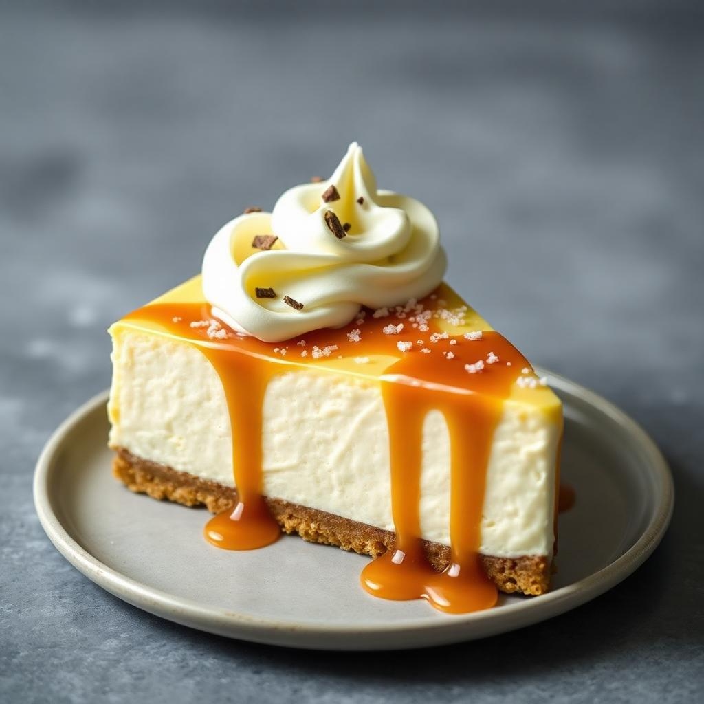 salted caramel cheesecake with whipped topping and sea salt