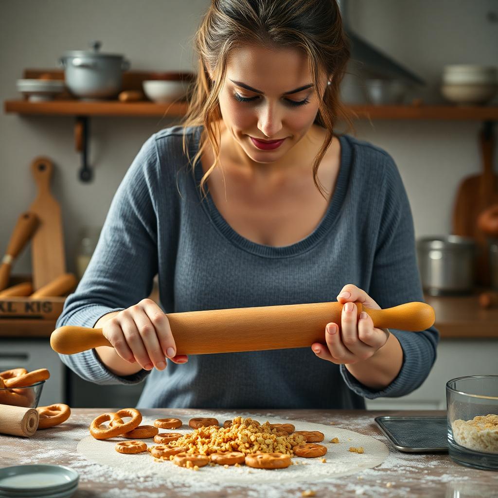 woman crushing pretzels with a rolling pin