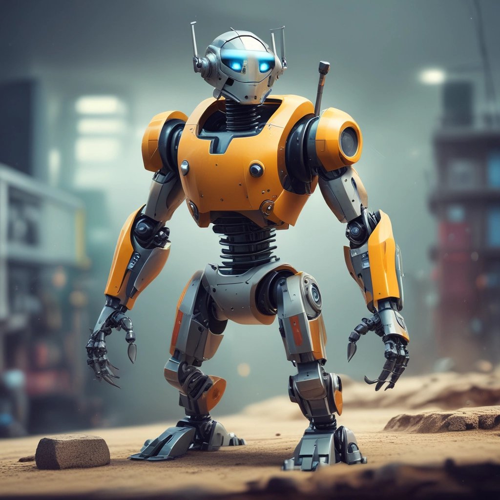 A small, white humanoid robot with blue accents, including eyes, mouth, and a circular badge with the letters 'AI' on its chest, is positioned in front of a blue laptop on a metallic surface. The robot has a simple, smooth design with two cylindrical arms and a small antenna on top.