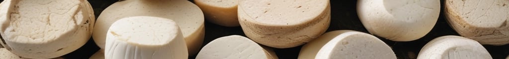 Two large, rustic wheels of cheese, one partially cut, are stacked on top of each other against a rough stone background. The cheese has a natural, textured rind and the cut reveals a smooth, pale interior.