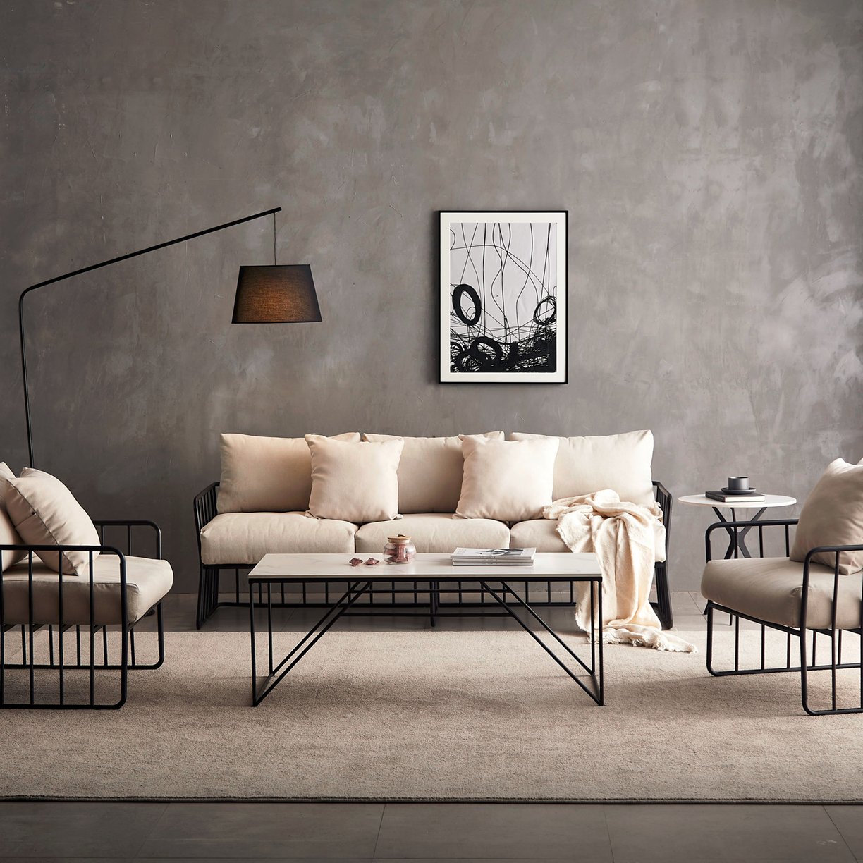 3D marketing design of a modern industrial-style sofa set, vintage charm, inviting indoor elements.