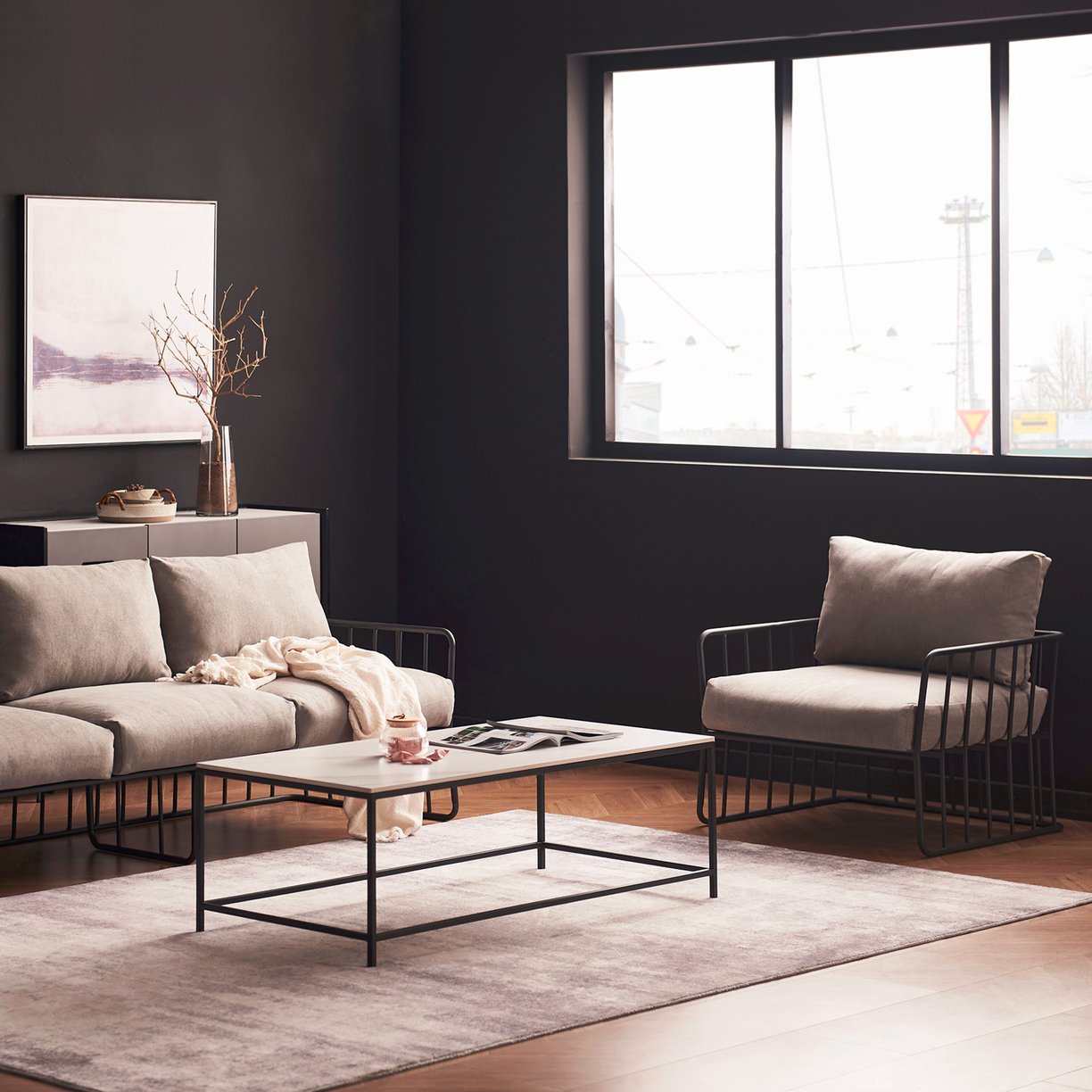 3D marketing design of a modern industrial-style sofa set, vintage charm, inviting indoor elements.