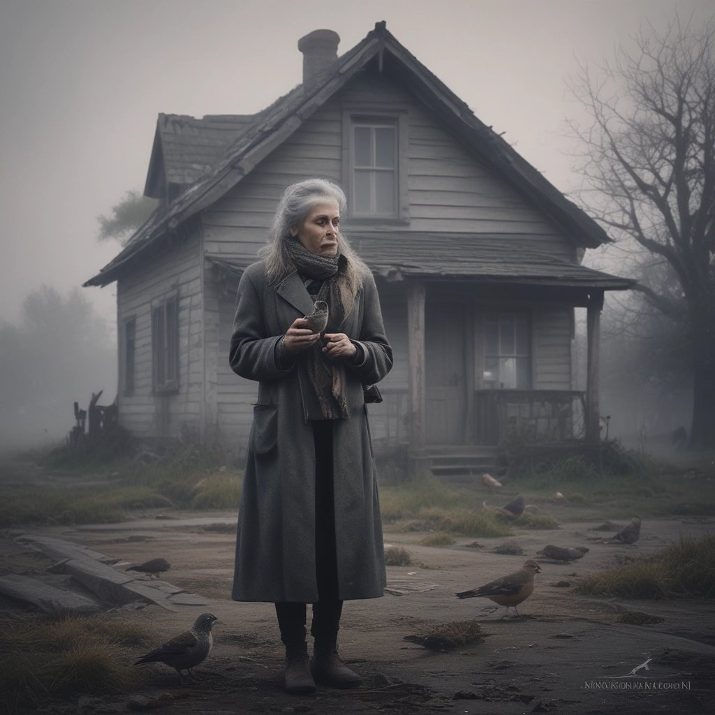 a woman in a coat and scarf standing in front of a house