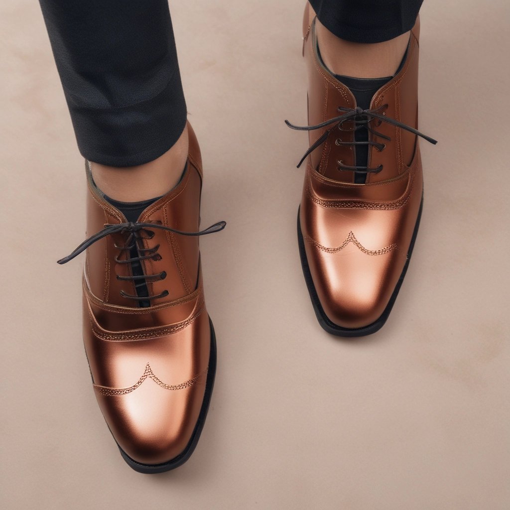 A dark brown leather shoe with detailed stitching and a thick, textured sole is prominently displayed. The shoe features a lace-up design and visible branding on the inner sole. The sole's pattern is visible, showcasing its rugged, slip-resistant design.