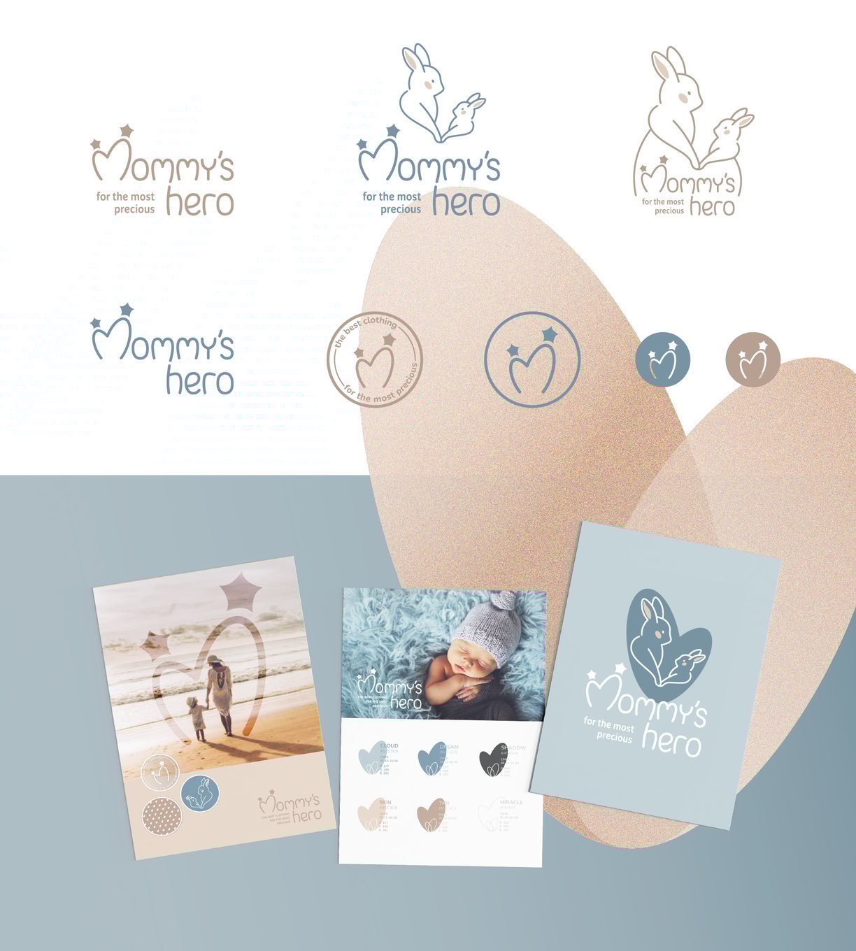 Cute and gentle Logo and Brand Identity for baby store Mommy's Hero, postcards and logo versions