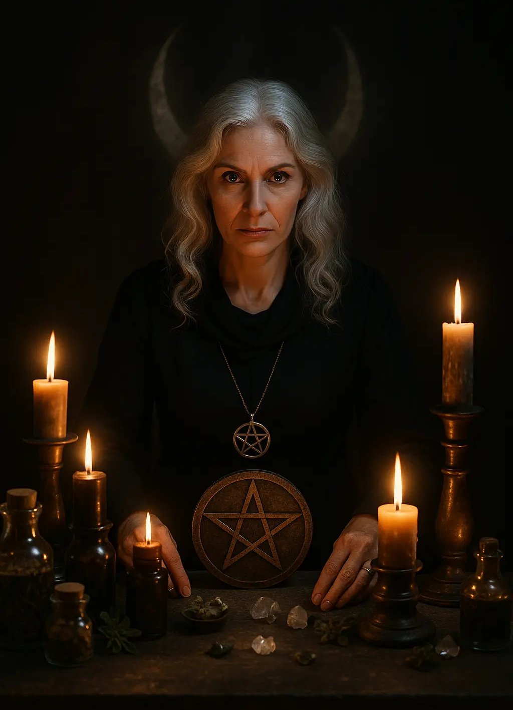 Bruja Samara canalizando ritual ancestral con velas, piedras y simbolo de protección en altar espiritual.