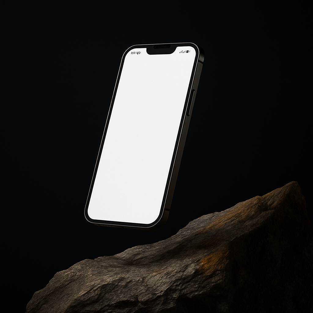 a phone with a white screen and a rock