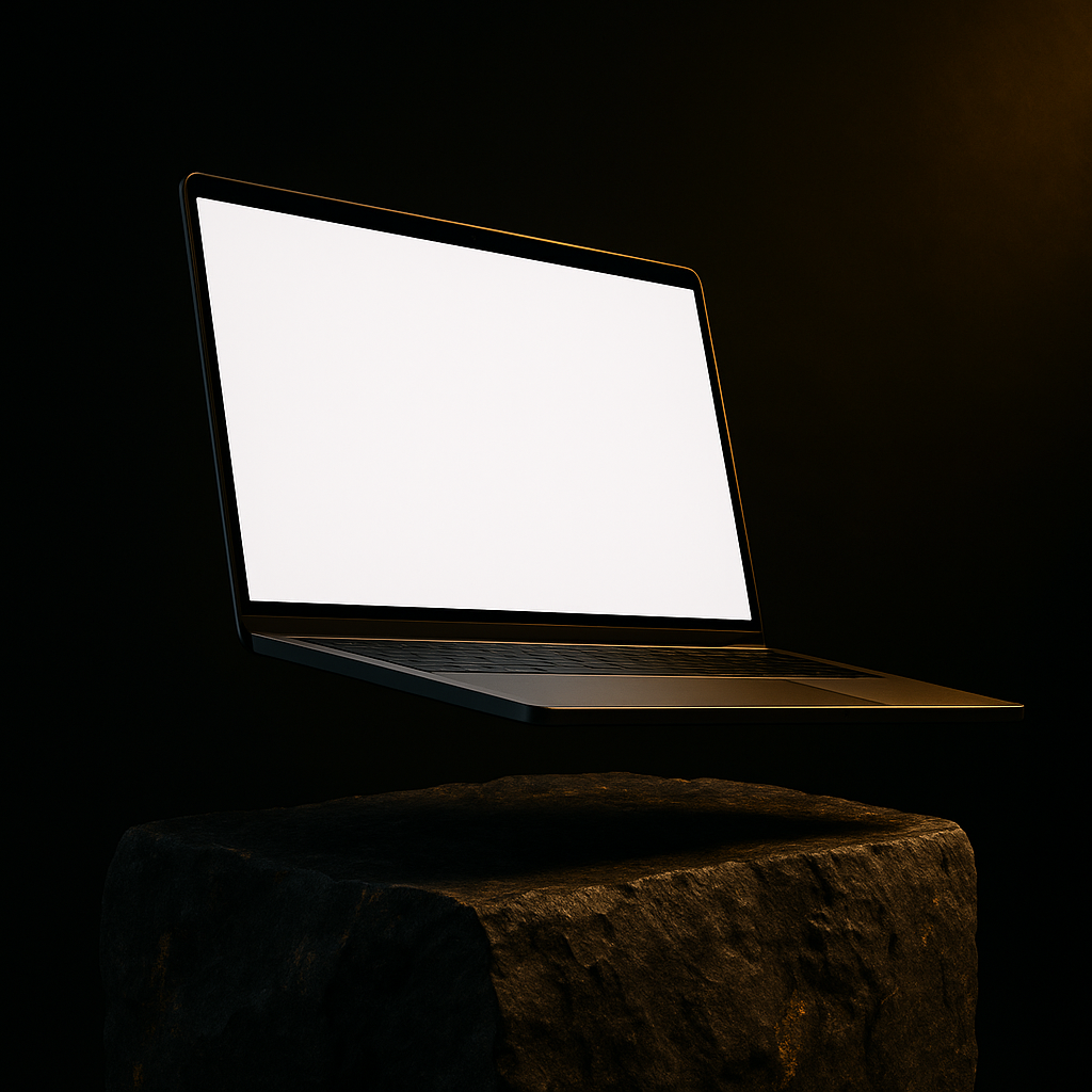 a laptop computer sitting on a rock in the dark