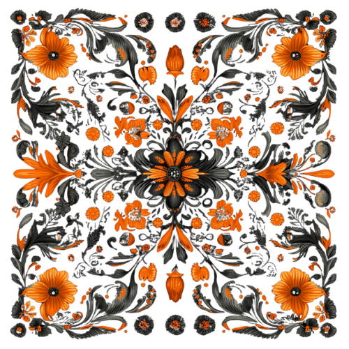 a black and orange flowered design on a black background