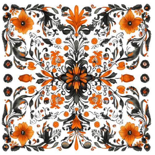 a black and orange flowered design on a black background