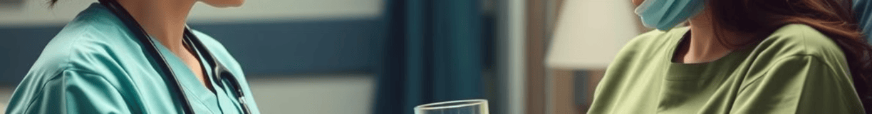a woman in a green scrub talks to a patient. She is giving her a glass of water.