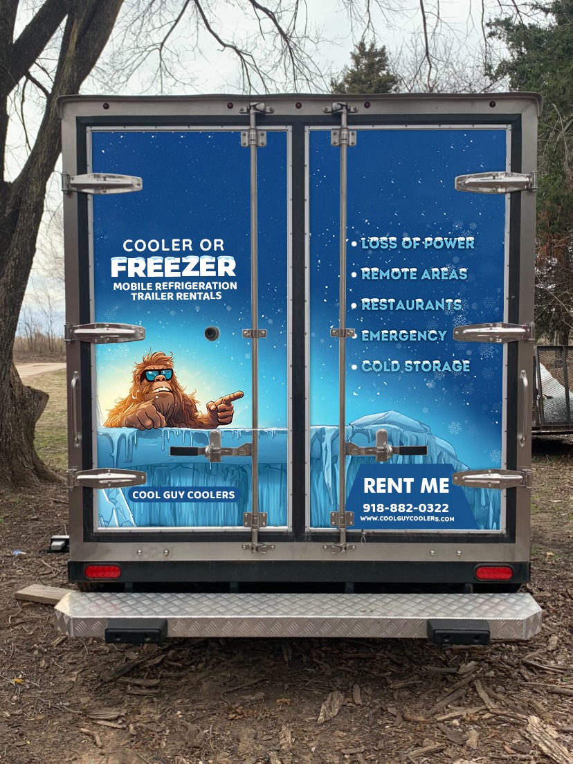 Back doors of a Cool Guy Coolers trailer used for emergency cold storage during power outages