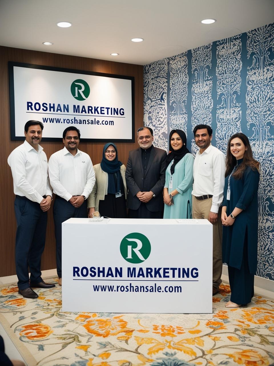 a group of people standing around a roshan marketing sign