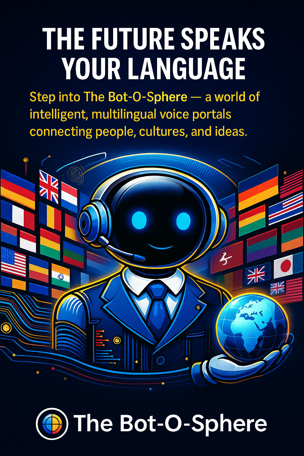 Multilingual AI bot illustration with global flags and voice icons"