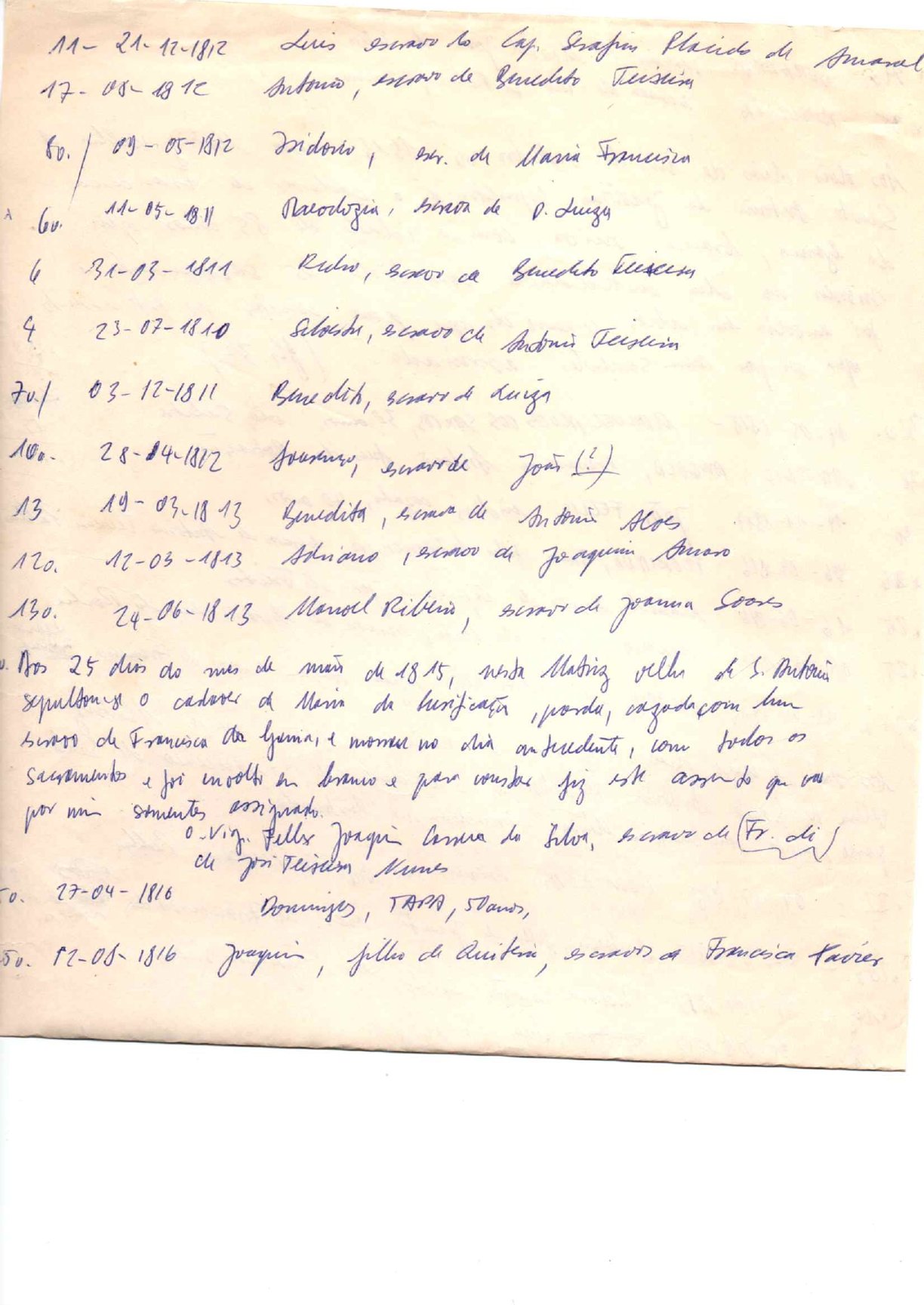 Registros manuscritos de batismos e anotações de escravizados do século XIX
