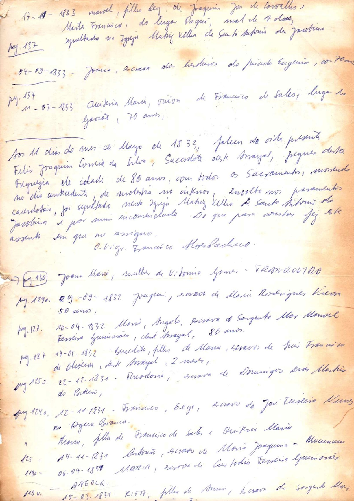 Página manuscrita com anotações de falecimentos e registros de escravizados (1833)
