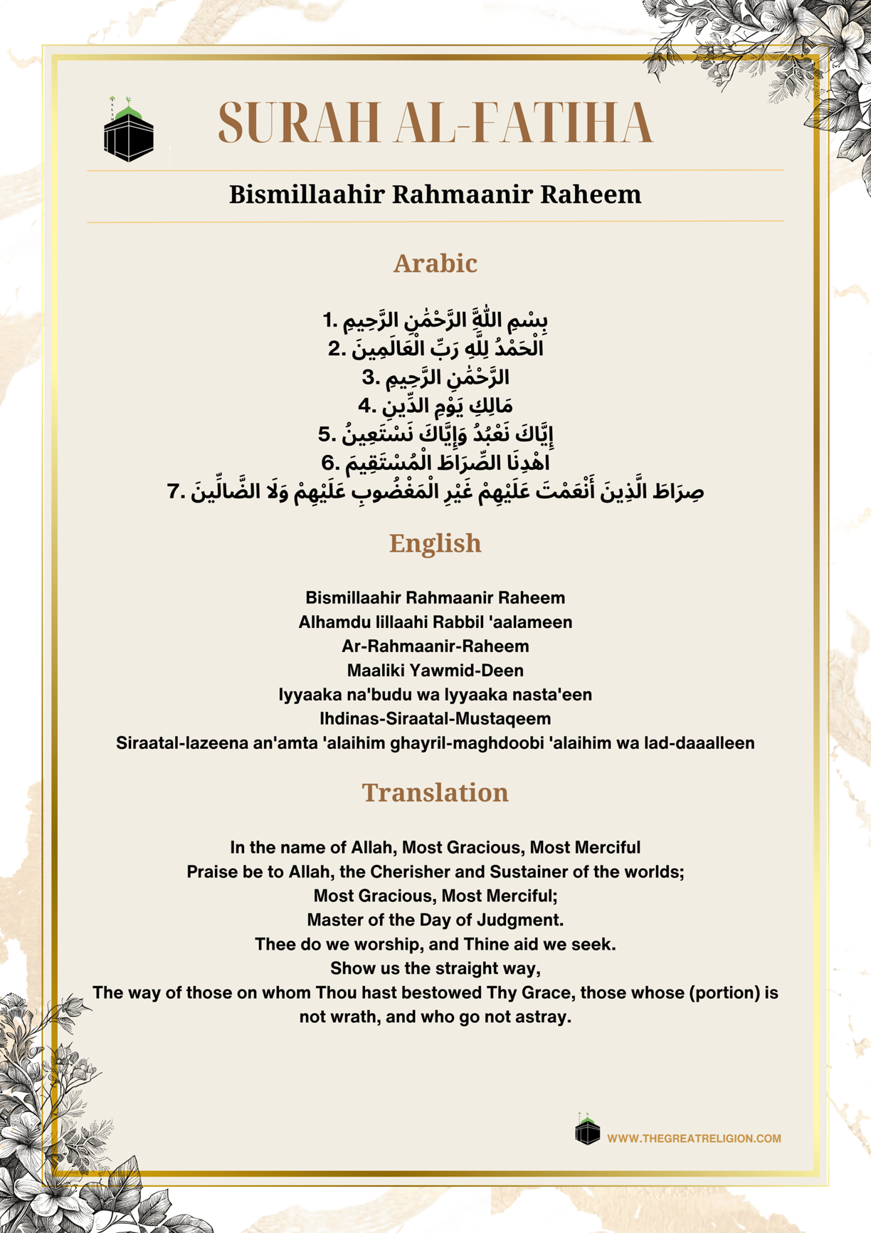 Surah Al-Fatiha, Arabic, English, Translation, Alhamdu Lillaahi Rabbil aalameen