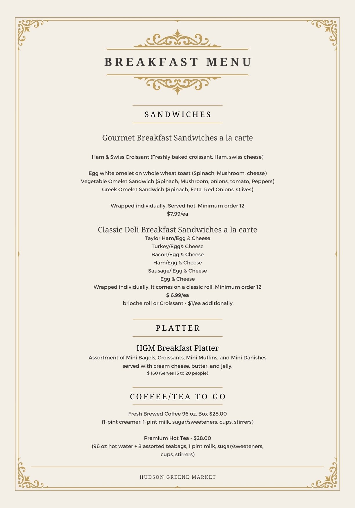 hudson greene market catering breakfast menu gourmet sandwiches omelet egg cheese bagel coffee tea