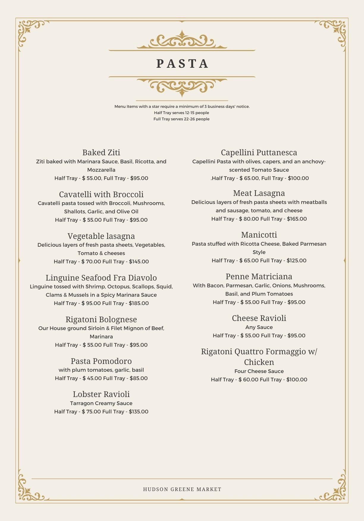 hudson greene market catering pasta ziti lasagna bolognese ravioli italian