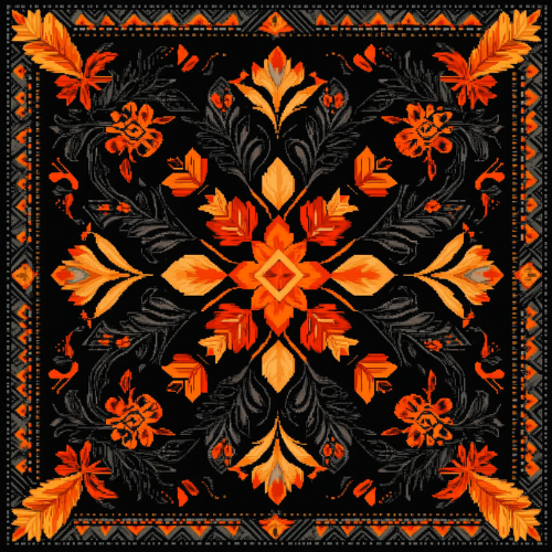 a black and orange floral design on a black background