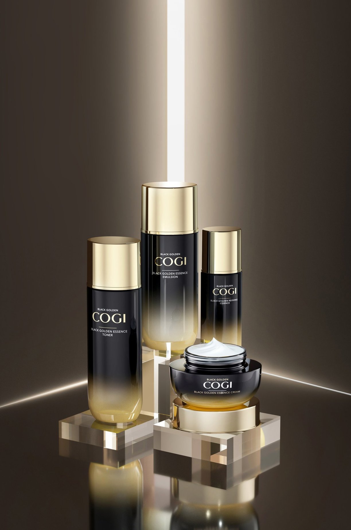 3D visualization of multiple skin cream containers with shiny plastic surfaces, premium labeling.