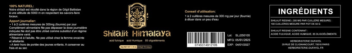 Étiquette du produit Shilajit résine en paquet de 50 grammes